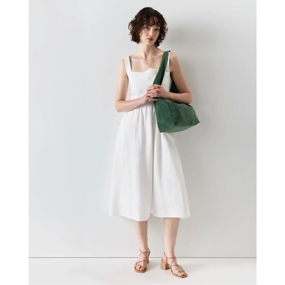 Quince 100% European linen fit & flare midi dress white XL # 500